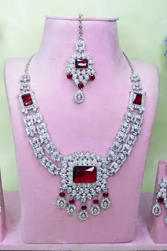 Maroon rhodium premium designer american diamond and stone work necklace set