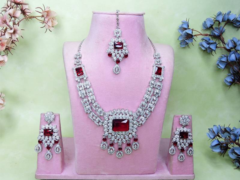 Maroon rhodium premium designer american diamond and stone work necklace set