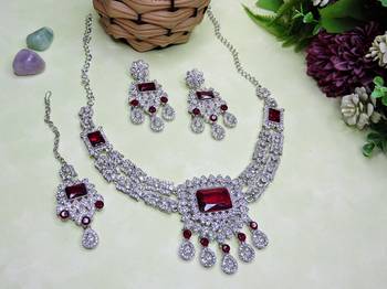 Maroon rhodium premium designer american diamond and stone work necklace set 2