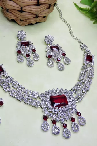 Maroon rhodium premium designer american diamond and stone work necklace set