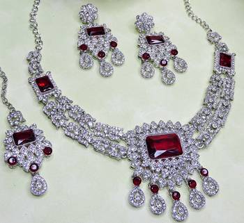 Maroon rhodium premium designer american diamond and stone work necklace set 3