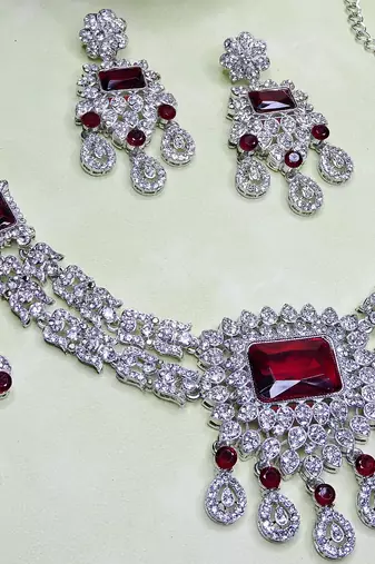Maroon rhodium premium designer american diamond and stone work necklace set