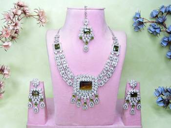 Green rhodium premium designer american diamond and stone work necklace set 1