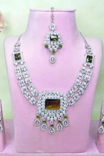 Green rhodium premium designer american diamond and stone work necklace set