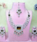 Green rhodium premium designer american diamond and stone work necklace set