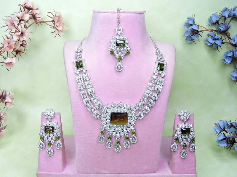 Green rhodium premium designer american diamond and stone work necklace set