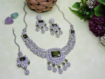 Green rhodium premium designer american diamond and stone work necklace set 2