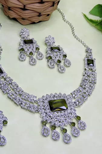 Green rhodium premium designer american diamond and stone work necklace set
