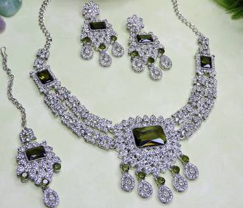 Green rhodium premium designer american diamond and stone work necklace set 3