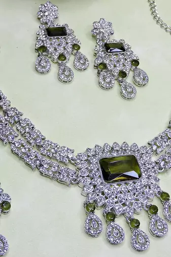 Green rhodium premium designer american diamond and stone work necklace set