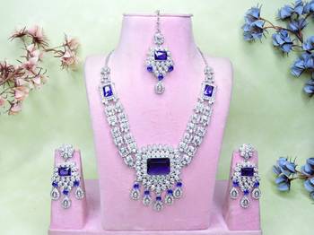 Blue rhodium premium designer american diamond and stone work necklace set 1
