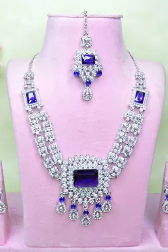 Blue rhodium premium designer american diamond and stone work necklace set
