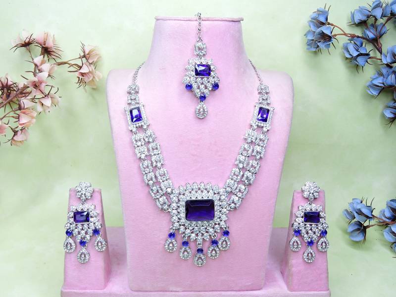 Blue rhodium premium designer american diamond and stone work necklace set