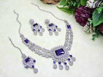 Blue rhodium premium designer american diamond and stone work necklace set 2