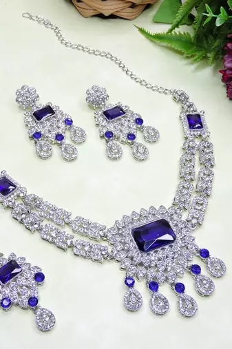 Blue rhodium premium designer american diamond and stone work necklace set