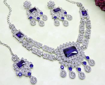 Blue rhodium premium designer american diamond and stone work necklace set 3