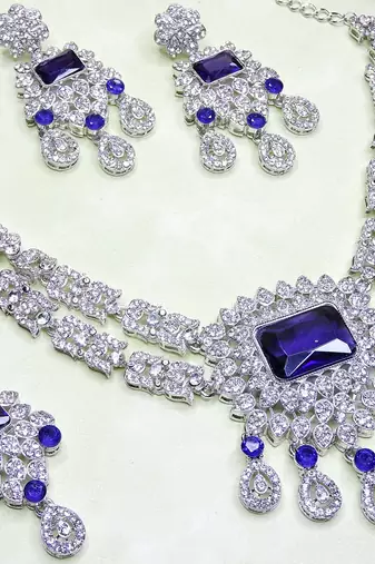 Blue rhodium premium designer american diamond and stone work necklace set