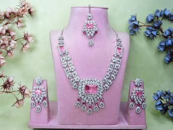 Pink rhodium premium designer american diamond and stone work necklace set 1