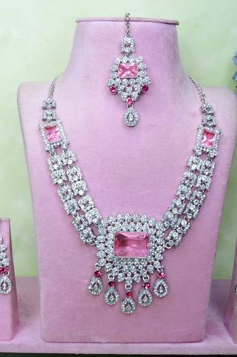 Pink rhodium premium designer american diamond and stone work necklace set