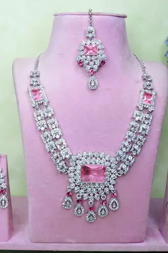 Pink rhodium premium designer american diamond and stone work necklace set