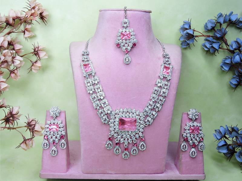 Pink rhodium premium designer american diamond and stone work necklace set