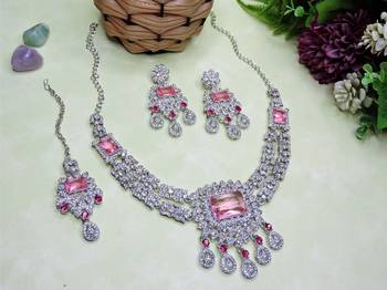Pink rhodium premium designer american diamond and stone work necklace set 2