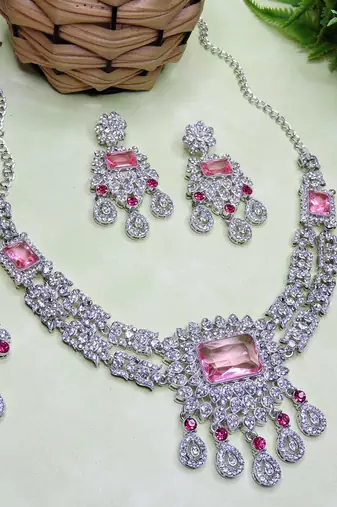 Pink rhodium premium designer american diamond and stone work necklace set