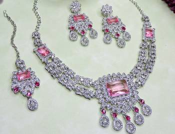 Pink rhodium premium designer american diamond and stone work necklace set 3
