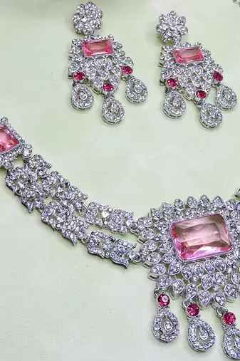 Pink rhodium premium designer american diamond and stone work necklace set