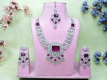 Purple rhodium premium designer american diamond and stone work necklace set 1