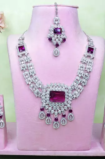 Purple rhodium premium designer american diamond and stone work necklace set