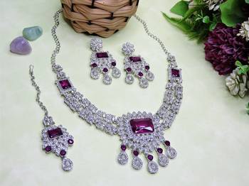Purple rhodium premium designer american diamond and stone work necklace set 2