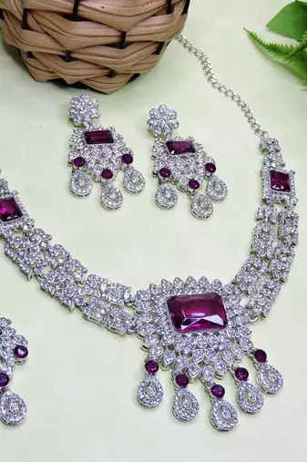 Purple rhodium premium designer american diamond and stone work necklace set