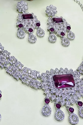 Purple rhodium premium designer american diamond and stone work necklace set