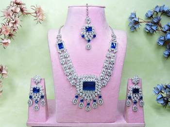 Blue rhodium premium designer american diamond and stone work necklace set 1