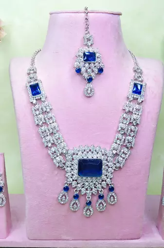 Blue rhodium premium designer american diamond and stone work necklace set