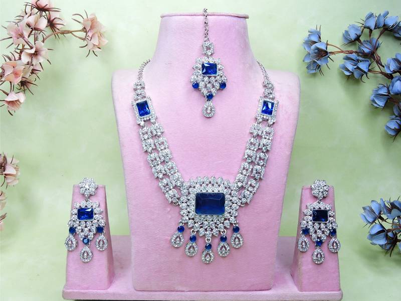 Blue rhodium premium designer american diamond and stone work necklace set