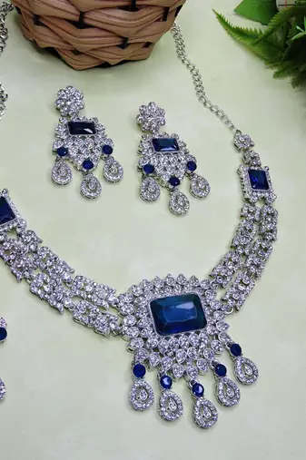 Blue rhodium premium designer american diamond and stone work necklace set