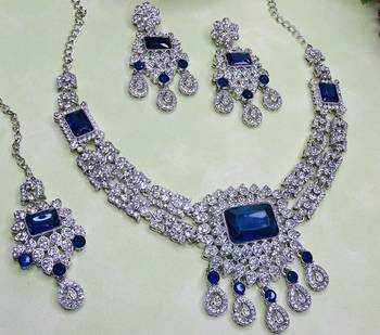 Blue rhodium premium designer american diamond and stone work necklace set 3