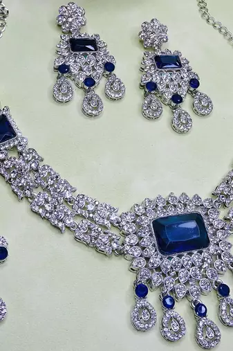 Blue rhodium premium designer american diamond and stone work necklace set
