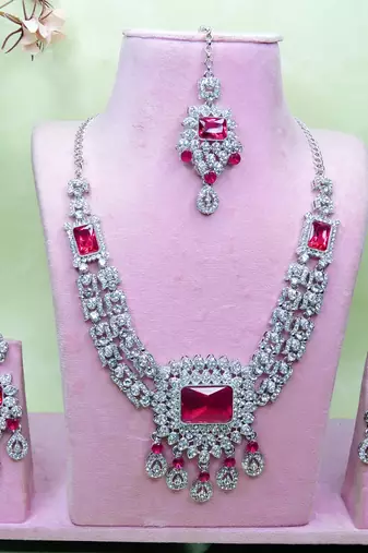 Pink rhodium premium designer american diamond and stone work necklace set