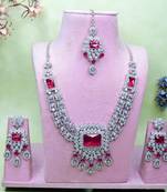 Pink rhodium premium designer american diamond and stone work necklace set