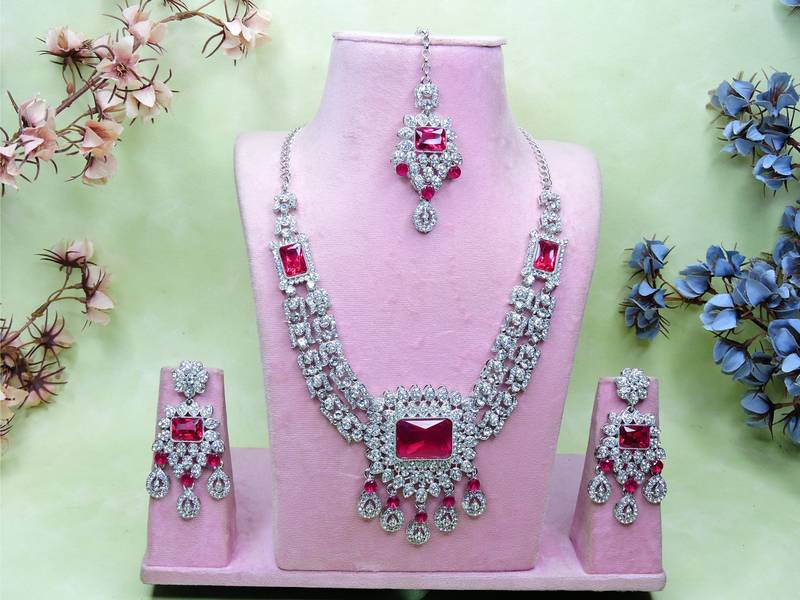 Pink rhodium premium designer american diamond and stone work necklace set