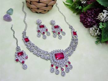 Pink rhodium premium designer american diamond and stone work necklace set 2