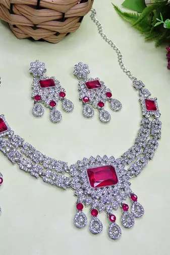 Pink rhodium premium designer american diamond and stone work necklace set