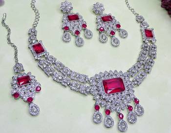 Pink rhodium premium designer american diamond and stone work necklace set 3