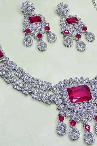 Pink rhodium premium designer american diamond and stone work necklace set