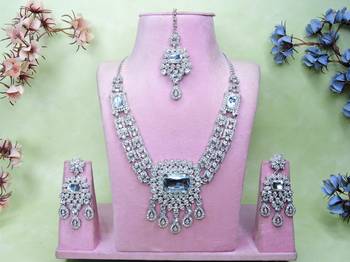 White rhodium premium designer american diamond and stone work necklace set 1