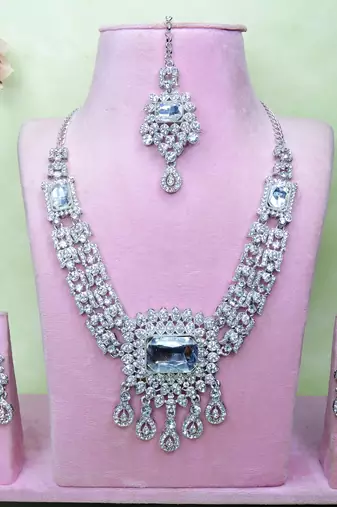 White rhodium premium designer american diamond and stone work necklace set