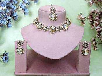 Gold yellow gold premium designer american diamond and stone work necklace set 1